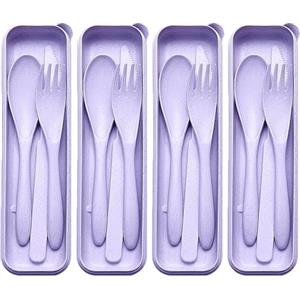 LIVELYPET Set di posate da viaggio riutilizzabili con custodia, 4 set di posate in plastica portatili per ufficio, scuola, viaggi, campeggio, picnic (viola)