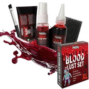 Festicy Set Sangue Finto Halloween XXL 2026 I Sangue Finto Lavabile (50ml Spray, 40g Gel, 50ml Liquido), Spugna, Pennello I Make Up , Costumi, Effetti Spaventosi I Trucchi Halloween Bambini e Adulti
