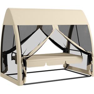 Outsunny Dondolo da Giardino 2 in 1 Convertibile in Letto con Cuscini e Zanzariera, 240x140x197 cm, Caffè