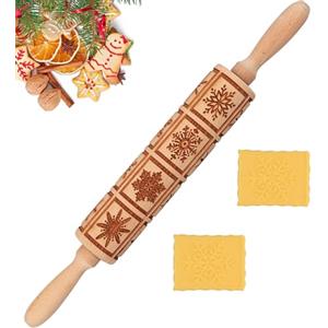 SSyang Mattarello di Natale,Mattarello Decorativo per Biscotti,Natale Goffratura Mattarello con Motivo Natalizio Mattarello in Legno Incisione Natale Mattarello 3D Rolling Pin per DIY(Fiocco di Neve)