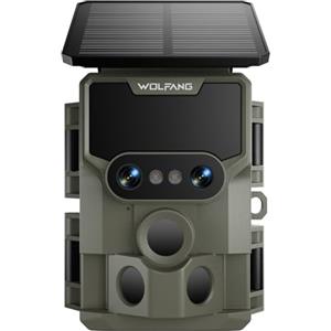WOLFANG Fototrappola Solare 64MP 4K 30fps, Doppia Lente Wi-fi Bluetooth Fotocamera Caccia con Visione Votturna Stellata, 5000mAh Angolo di Rilevamento 120° Impermeabile IP66