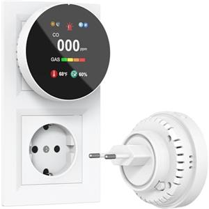 CHZHVAN Rilevatore Gas e Monossido di Carbonio 4-in-1 Plug-in, Allarme di CO con Regolazione Luminosità Schermo, Rivelatore di Naturale Gas, Bianco