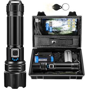 Azyvum Torcia LED Potente Professionale,1000000 Lumens Ricaricabile USB Torce LED Alta Potenza Con Batteria 5000mAh,XHP70.2 Tattica Militare Torcia Elettrica,IP67 Impermeabile 5 Modalità Campeggio Trekking