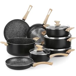 KASANOVA Black Stone Batteria Pentole Large in Alluminio - Set Antiaderente Nero con Manici Effetto Legno, Senza Nichel e PFOA, per Induzione e Tutti i Piani Cottura (12)