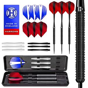 Harrows Caliber 90% Set di Freccette con Punta in Acciaio al tungsteno I da 21 g a 30 g I Enorme Pacchetto da 16 Pezzi con aste di Ricambio, Alette Prime e Custodia da Viaggio (Nero, 24 Grammi)