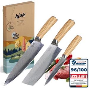 kjøk Set di Coltelli da cucina professionali trincianti durezza 58±2 HRC coltelli da cuoco asiatici tipo Damasco giapponese manico in legno d'olivo composto da coltello nakiri, da chef 20cm e 13cm