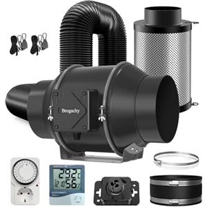 Brogachy 150 mm Ventilatore in linea Kit 688 m³/h con regolatore di velocità, estrattore d'aria con timer, termo-igrometro, filtro a carbone dell'aria e tubo di scarico per coltura idroponica.
