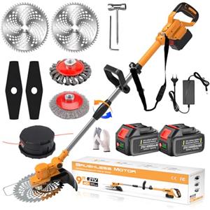 SUAIIOLK Decespugliatore a batteria 21V, Tagliaerba a Batteria Brushless con 2 Batterie 4,0Ah e Spazzola per Erbacce 4 in 1 Decespugliatore Elettrico, Tubo Telescopico, Testa Girevole 90°, Orange