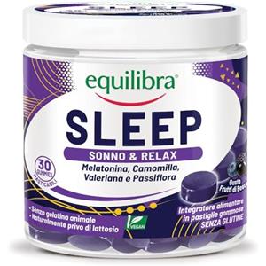 Equilibra Integratori Alimentari Sleep, Pastiglie Gommose con Melatonina, Valeriana, Passiflora, Camomilla e Niacina, per Ridurre il Tempo per Prendere Sonno, Vegan, 30 gummies Gusto Frutti di Bosco