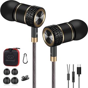 GAMURRY Cuffie con cavo Tipo-C, in-Ear Auricolari con Filo e Microfono, con cavi e pulsante, Cuffie con Filo Jack Cuffiette con Controllo del Volume Compatibili con Smartphone, Nero e Oro