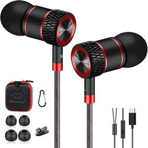 GAMURRY Cuffie con cavo Tipo-C, in-Ear Auricolari con Filo e Microfono, con cavi e pulsante, Cuffie con Filo Jack Cuffiette con Controllo del Volume Compatibili con Smartphone, Nero e rosso