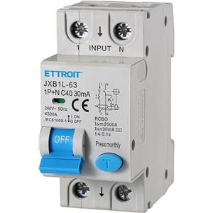 ETTROIT INTERRUTTORE MAGNETOTERMICO DIFFERENZIALE SALVAVITA PER BARRA DIN 2 MODULI 1P+N 40A C40 240V 30mA 4.5KA