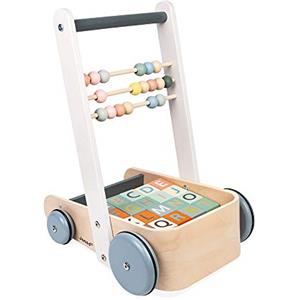 Janod Carrello ABC Sweet Cocoon - Carrello Primi Passi Didattico in Legno con 20 Cubi Lettere, Numeri e Forme, 3 Stecche Pallottoliere, Vernice Ad Acqua, Da 1 Anno