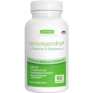 Igennus Healthcare Nutrition Ashwagandha Complex KSM-66 600mg ad Alto Dosaggio, L-Teanina, Magnesio, Zinco e Vitamine B Metilate, Estratto di Sola Radice 5% Withanolidi, Stress Support, Puro & Vegano, 60 capsule - Igennus