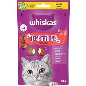 Whiskas Temptations Snack per Gatti al Manzo 60g - Senza Aromi Artificiali, Ricco di Vitamine