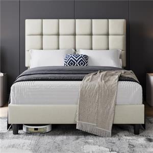 Yaheetech Letto Imbottito 140 x 200 cm con Testiera Quadrata Altezza Regolabile Doghe in Legno Beige