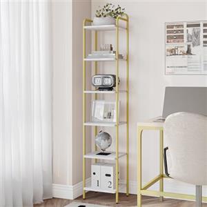 Hzuaneri Scaffale a 6 Ripiani, Libreria, Scaffale Stretto per Libri, Mensola D'angolo Industriale, Mensola Sottile per Ufficio, Soggiorno, Camera da Letto, Cucina, Bianco-Oro BC24613G