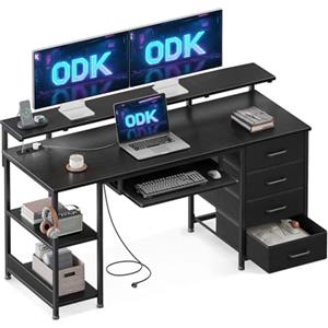 ODK Scrivania con 4 Cassetti, 140x52x92cm Scrivania per Computer con Presa di Corrente e Ricarica USB, Scrivanie Gaming Tavolo Scrivanie con Ripiani Regolabili per la Casa, Nero