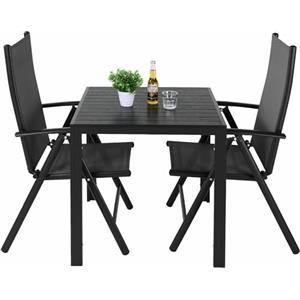 LIFERUN Set Giardino Esterno 3 Pezzis, Aluminium Tavolo da Giardino con Sedie, Tavolo e Sedie da Balcone, 2 Sedie Pieghevoli e Tavolino 75x75 cm, Salottino da Giardino Esterno 2 Posti, Nero