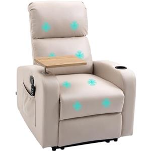 HOMCOM Poltrona Relax Elettrica, Poltrona Massaggiante Reclinabile con Portabicchieri, Telecomando, Poggiapiedi, Timer, Tavolino Girevole e Tasche Laterali, in Microfibra, Legno e Acciaio, Beige