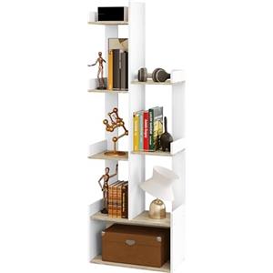 EUGAD Libreria Verticale Autoportante, Libreria Angolare ad Albero, Porta Libri con 7 Ripiani e 1 Scomparto Aperto, in Truciolare, Bianco e Rovere Chiaro, 49x25x146cm