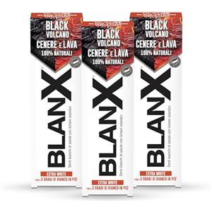 Biorepair BlanX, Dentifricio Black Volcano, Dentifricio Sbiancante Extra White, Fino a 3 Gradi di Bianco in Più, Con Licheni Islandici, Cenere e Lava Vulcanica 100% Naturali, Aroma Extra Fresco, 3x75ml