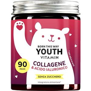 Bears with Benefits Gummies al Collagene & Acido Ialuronico Born This Way Youth Vitamins - Antiossidanti Bellezza - Collagene, Acido Ialuronico, Vitamina C, E, CoQ10 - 90 pezzi, Senza Zucchero, Bears with Benefits