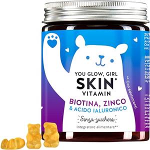 Bears with Benefits You Glow Girl Skin Vitamin - Caramelle Gommose per la Pelle con 100mg de Acido Ialuronico, Vitamina C, Zinco e Biotina - 60 Pezzi - Senza Zuccheri, Vegan - Bears with Benefits