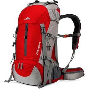 Loowoko Zaino da trekking da 50 l, impermeabile, con copertura antipioggia, leggero (45 + 5 litri), rosso, L