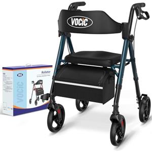 VOCIC Deambulatore pieghevole e leggero con seduta, deambulatore stretto per appartamenti, pieghevole con pneumatici da 20 cm per tutti i terreni, seduta e manico regolabili in altezza, supporto per 5