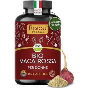 RAIBU Maca Rossa Peruviana BIO - 180 capsule da radice di Maca Peruviana - Equilibrio ormonale per donna - 3.200mg per dose giornaliera (equivalenti a 12.800mg di radice del Perù) - Con vitamina C naturale