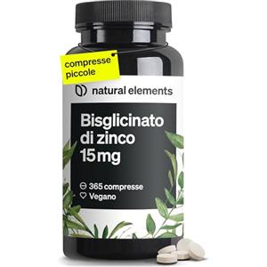 natural elements Zinco Integratore - 365 Compresse Vegan contro Acne e Brufoli - Zinco 15mg Scorta 1 Anno - Antiossidante per Pelle Sana - 15 mg di Zinco Elementare per Compresse da Puro Zinco Bisglicinato