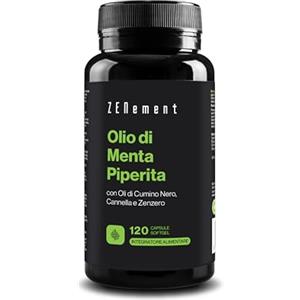 Zenement Olio Essenziale di Menta Piperita con Olio di Cumino Nero, Cannella e Zenzero - 120 Capsule Softgel, Formula Sinergica con 500mg, Salute Digestiva, 40% Mentolo, 20% Mentone, 100% Naturale - Zenement