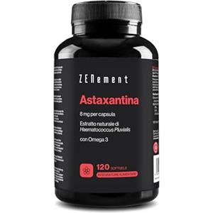 Zenement Astaxantina, 80 mg di microalga Haematococcus Pluvialis che fornisce 8 mg di Astaxantina per Capsula Softgel - 10% di Astaxantina Pura - 120 Capsule Softgel di Gelatina - con Omega 3 - Zenement