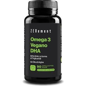 Zenement DHA Vegano (Omega 3 con 80% di DHA) - da Olio di Alghe - Cervello e Vista - adatto in Gravidanza e Allattamento - in forma di Trigliceridi per miglior assorbimento - 90 Capsule Softgel Vegane