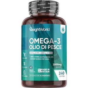 WeightWorld Omega 3 Olio di Pesce da 2000mg, 660mg EPA e 440mg DHA, Integratore Omega3 Fish Oil e Acidi Grassi Essenziali in 240 Softgel (4 Mesi), EPA e DHA Contribuiscono alla Normale Funzione del Cuore (EFSA)