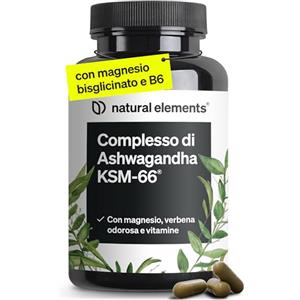natural elements Ashwagandha KSM-66, 120 Capsule, completo con Magnesio Bisglicinato, Vitamine B6, B12 e Vitamina C, 600mg Ashwagandha per dose giornaliera, vegano, prodotto e testato in Germania