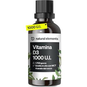 natural elements Vitamina D3 - 1000 I.U. per goccia - 50 ml (1750 gocce) - natural elements - In olio MCT di cocco - Integratore Vitamin D - Alto dosaggio, liquida