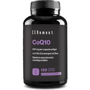 Zenement Coenzima Q10 200 mg, 120 Capsule Softgel (4 Mesi) | Ubichinone Puro al 100% Fermentato Naturalmente, ad Alto Dosaggio | Antiossidante | con Olio Extravergine di Oliva Biologico | Zenement