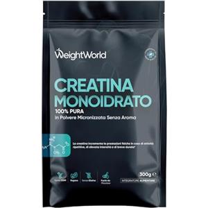 WeightWorld Creatina Monoidrata in Polvere 100% Pura, Vegana, 100 Dosi, Fattore di Maglia 200, 1 Solo Misurino al Giorno, Creatina in Polvere Micronizzata da 300g con Misurino, Pre Workout, Intra e Post Workout