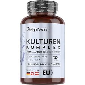 WeightWorld Fermenti Lattici Probiotici e Prebiotici, 20 Ceppi, 120 Capsule (2 Mesi), Fermenti Lattici Adulti Vegani, 60 Miliardi CFU con Lactobacillus Acidophilus e Gasseri, Inulina Bio, FOS Fruttoligosaccaridi