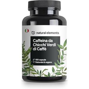 natural elements Caffeina capsule - 200 mg di caffeina naturale/capsula - 180 capsule - alternativa naturale alle compresse di caffeina - vegana, ad alto dosaggio - prodotta e testata in laboratorio in Germania
