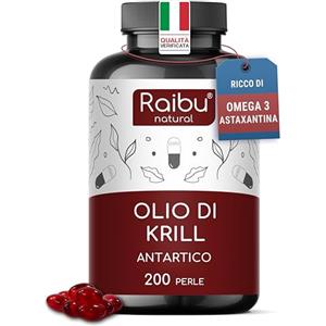 RAIBU Olio di Krill Puro Antartico - Ricco di Omega 3 (EPA & DHA), 6 e 9 + Astaxantina + Fosfolipidi - 200 Perle (oltre 3 mesi di fornitura) - 1.200 mg di Olio di Krill - Senza Retrogusto di Pesce
