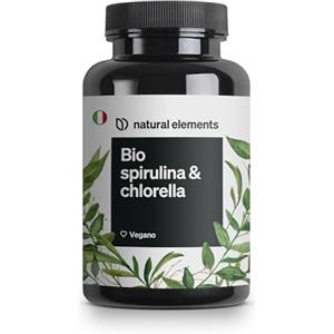 natural elements Spirulina Bio & Chlorella, 500 compresse, natural elements, 2400 mg di Spirulina biologica + 2400 mg di Chlorella per dose giornaliera, Certificazione Bio, Testata in Laboratorio
