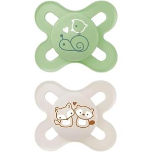 MAM Original Start Succhietto 0-2 Mesi (Set da 2), Ciuccio MAM 0-2 mesi con tettarella ortodontica in silicone, Kit da 2 accessori neonato con porta ciuccio sterilizzatore, Verde/Neutro