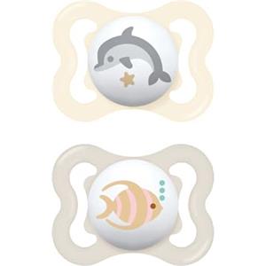 MAM Air Succhietto 2-6 Mesi (Set da 2), Ciuccio MAM 2-6 mesi per pelli sensibili e delicate, Kit da 2 accessori neonato con tettarella in silicone e porta ciuccio sterilizzatore, Neutro/Beige