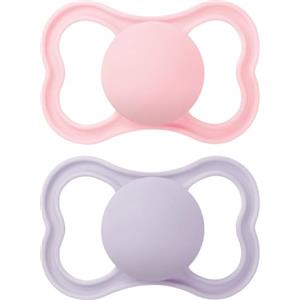 MAM Air Succhietto 6-16 Mesi (Set da 2), Ciuccio MAM 6-16 mesi per pelli sensibili e delicate, Kit da 2 accessori neonato con tettarella in caucciù naturale e porta ciuccio sterilizzatore, Rosa/Viola