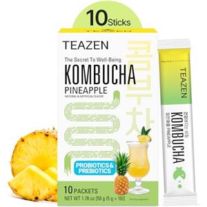 TEAZEN - Kombucha Ananas - Tè Fermentato Probiotico Istantaneo - 10 Bustine - Senza Zucchero, Vegano, Basso in Calorie - Preparato per Bevanda Tropicale Coreana con Prebiotici