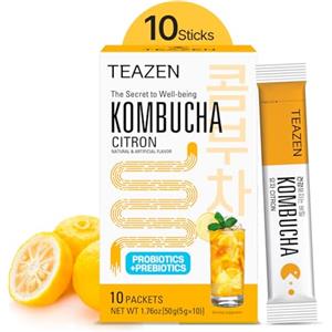 TEAZEN - Kombucha Limone Yuzu - Tè Istantaneo Coreano al Yuzu con Probiotici - 10 Bustine - Senza Zucchero, Vegan, Bassa Caloria - Preparazione per Bevanda Coreana con Prebiotici