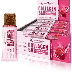IronMaxx Collagen Protein Bar - Barretta 40g Lampone 12 pz. - Barretta proteica a basso contenuto di zucchero con collagene tipo 1, 2 e 3, 5g per barretta, da manzo alimentato ad erba.